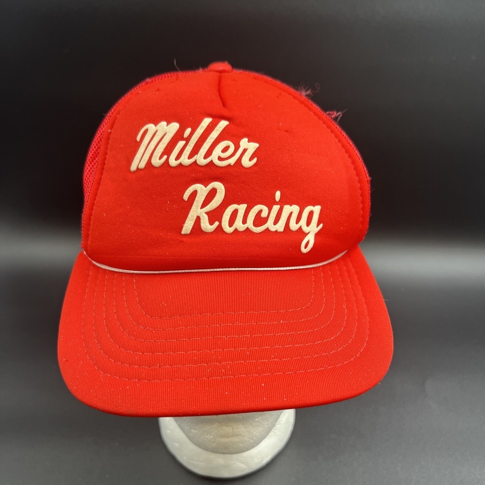 Vintage Miller Racing Red W/ Beige Letters Mesh Trucker Baseball Hat Adjustable